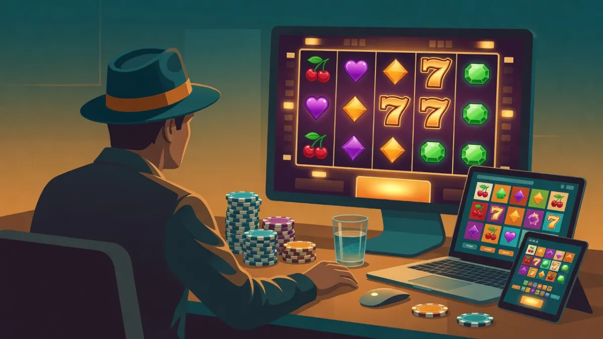 Illustratie van een man met hoed die aan een bureau een online gokkast speelt op monitor, laptop en tablet, met fiches en een glas water